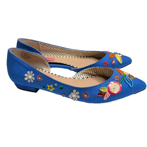 Betsey‎ Johnson Cypress Blue Beaded Sequin Whimsical Funky Fairy Suede Flats 6.5 - Picture 3 of 12